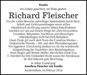 Traueranzeige von Richard Fleischer von Mitteldeutsche Zeitung Aschersleben