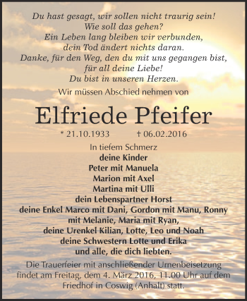 Traueranzeige von Elfriede Pfeifer von Super Sonntag Wittenberg