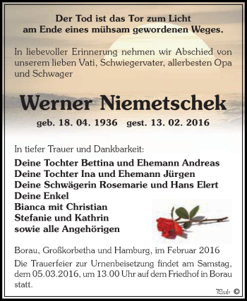 Traueranzeige von Werner Niemetschek von WVG - Wochenspiegel NMB / WSF / ZTZ