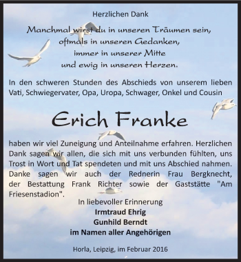 Traueranzeige von Erich Franke von Mitteldeutsche Zeitung Sangerhausen