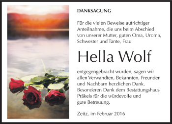 Traueranzeige von Hella Wolf von Mitteldeutsche Zeitung Zeitz