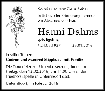 Traueranzeige von Hanni Dahms von Mitteldeutsche Zeitung Mansfelder Land