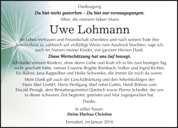 Traueranzeige von Uwe Lohmann von Mitteldeutsche Zeitung Köthen