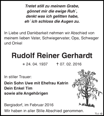 Traueranzeige von Rudolf Reiner Gerhardt von Super Sonntag Zeitz