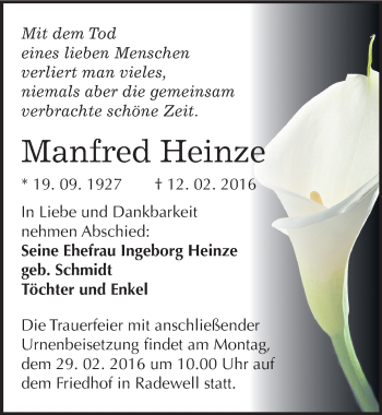 Traueranzeige von Manfred Heinze von Mitteldeutsche Zeitung Halle/Saalkreis