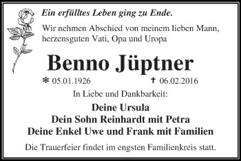 Traueranzeige von Benno Jüptner von WVG - Wochenspiegel Dessau / Köthen