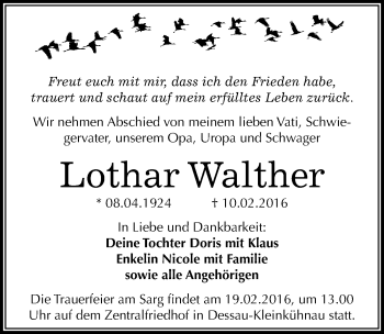 Traueranzeige von Lothar Walther von Mitteldeutsche Zeitung Dessau-Roßlau