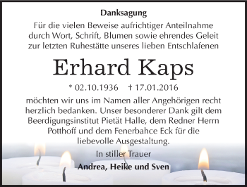 Traueranzeige von Erhard Kaps von Mitteldeutsche Zeitung Mansfelder Land
