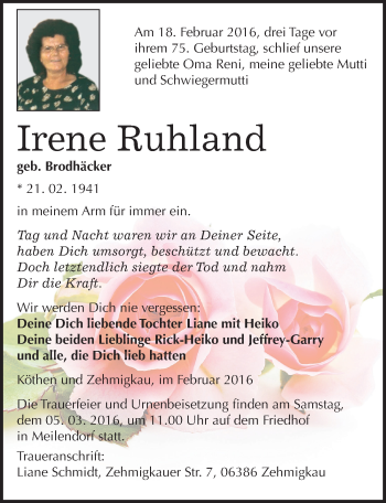 Traueranzeige von Irene Ruhland von Mitteldeutsche Zeitung Köthen