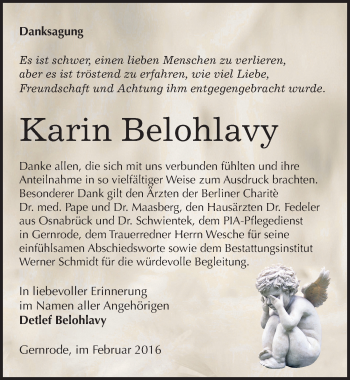 Traueranzeige von Karin Belohlavy von Mitteldeutsche Zeitung Quedlinburg