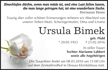 Traueranzeige von Ursula Bimek von Mitteldeutsche Zeitung Dessau-Roßlau