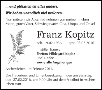 Traueranzeige von Franz Kopitz von Super Sonntag Aschersleben
