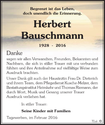 Traueranzeige von Herbert Bauschmann von Mitteldeutsche Zeitung Weißenfels