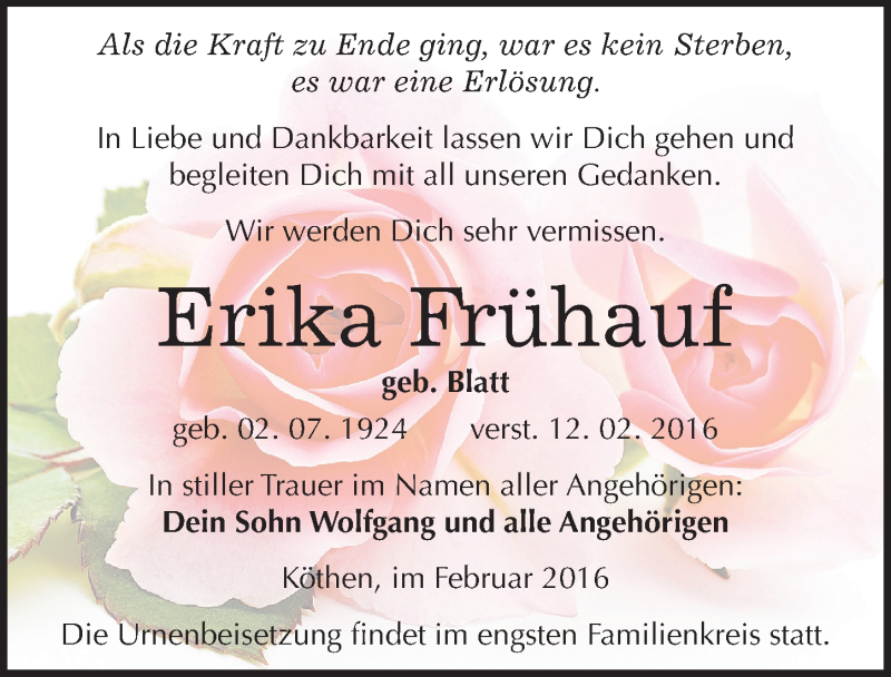  Traueranzeige für Erika Frühauf vom 16.02.2016 aus Mitteldeutsche Zeitung Köthen
