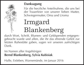 Traueranzeige von Irmgard Blankenberg von WVG - Wochenspiegel SGH