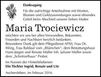 Traueranzeige von Maria Trociewicz von Mitteldeutsche Zeitung Aschersleben