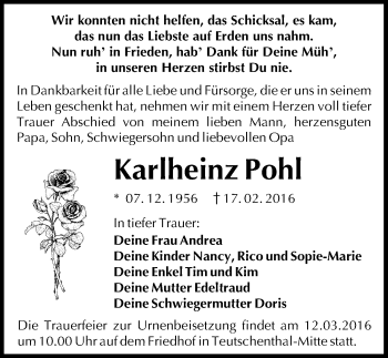 Traueranzeige von Karlheinz Pohl von Mitteldeutsche Zeitung Halle/Saalkreis