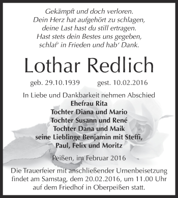 Traueranzeige von Lothar Redlich von Super Sonntag Bernburg