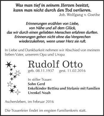 Traueranzeige von Rudolf Otto von Super Sonntag Aschersleben