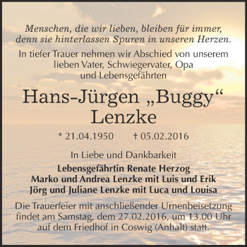 Traueranzeige von Hans-Jürgen Lenzke von Super Sonntag Wittenberg