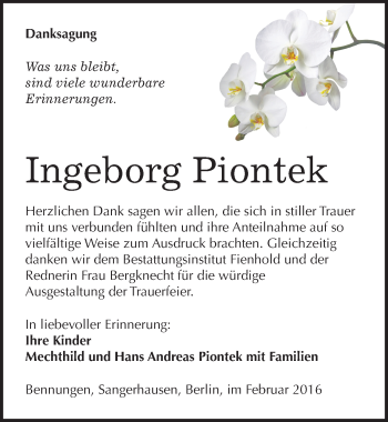 Traueranzeige von Ingeborg Piontek von Mitteldeutsche Zeitung Sangerhausen