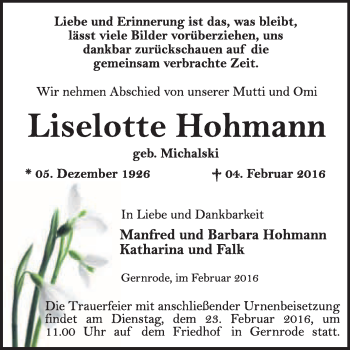 Traueranzeige von Liselotte Hohmann von WVG - Wochenspiegel Quedlinburg