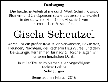 Traueranzeige von Gisela Scheutzel von Mitteldeutsche Zeitung Halle/Saalkreis