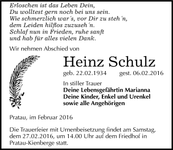 Traueranzeige von Heinz Schulz von Mitteldeutsche Zeitung Wittenberg