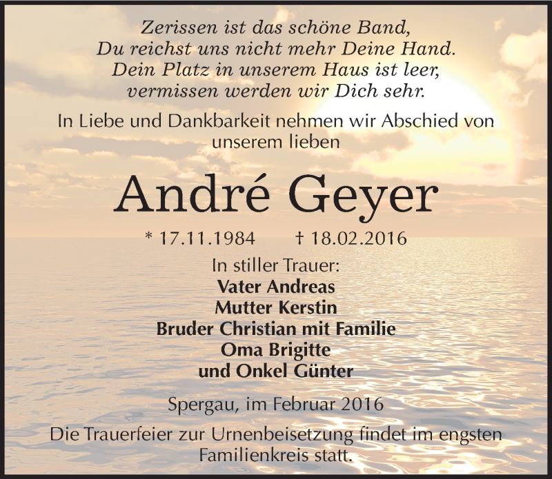  Traueranzeige für Andre Geyer vom 27.02.2016 aus Mitteldeutsche Zeitung Merseburg/Querfurt