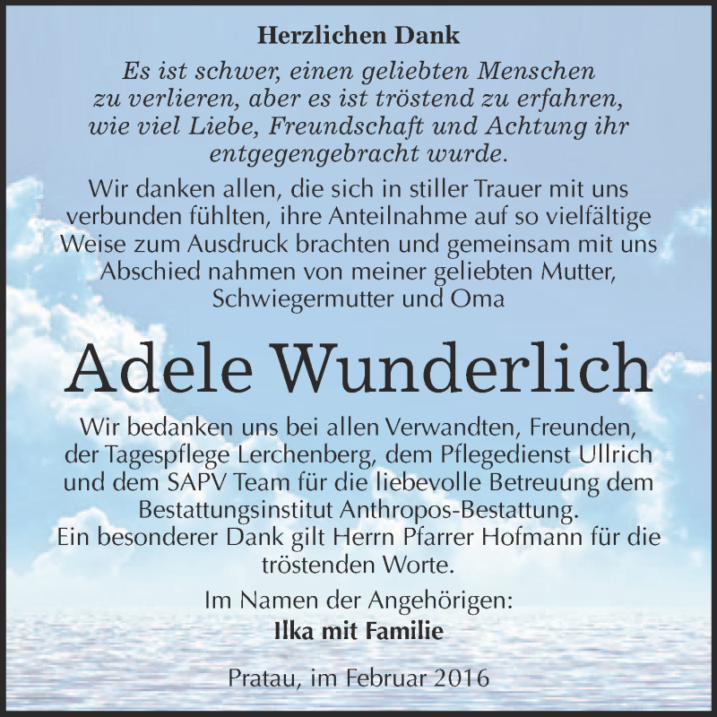  Traueranzeige für Adele Wunderlich vom 20.02.2016 aus Super Sonntag Wittenberg