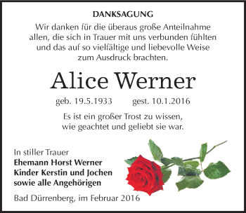 Traueranzeige von Alice Werner von Mitteldeutsche Zeitung Weißenfels