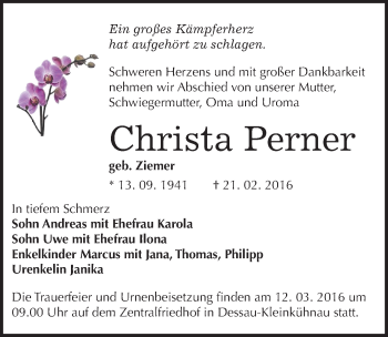 Traueranzeige von Christa Perner von Mitteldeutsche Zeitung Dessau-Roßlau