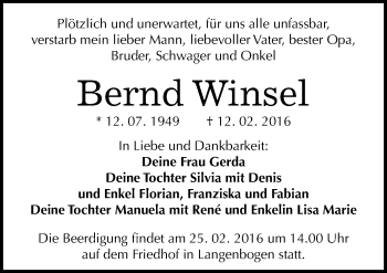 Traueranzeige von Bernd Winsel von Mitteldeutsche Zeitung Halle/Saalkreis