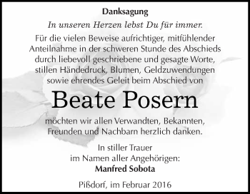 Traueranzeige von Beate Posern von WVG - Wochenspiegel Dessau / Köthen