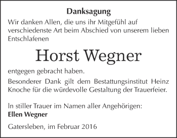Traueranzeige von Horst Wegner von Super Sonntag Aschersleben