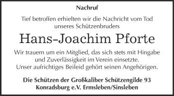 Traueranzeige von Hans-Joachim Pforte von Super Sonntag Quedlinburg
