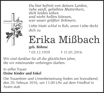 Traueranzeige von Erika Mißbach von WVG - Wochenspiegel Wittenberg