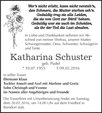 Traueranzeige von Katharina Schuster von Super Sonntag Bernburg