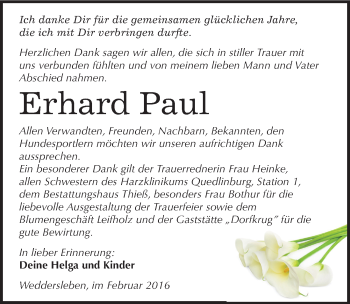 Traueranzeige von Erhard Paul von Mitteldeutsche Zeitung Quedlinburg