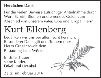 Traueranzeige von Kurt Ellenberg von Super Sonntag Zeitz