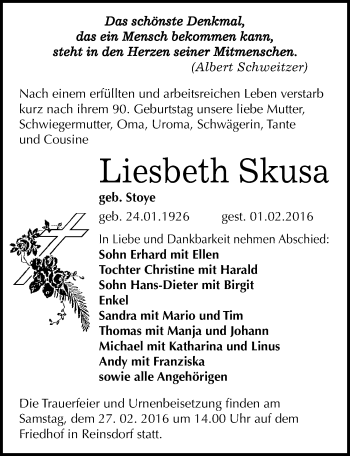 Traueranzeige von Liesbeth Skusa von Mitteldeutsche Zeitung Köthen