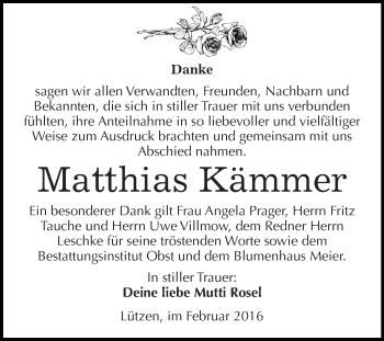 Traueranzeige von Matthias Kämmer von Super Sonntag Merseburg