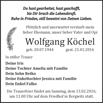 Traueranzeige von Wolfgang Köchel von Super Sonntag Wittenberg