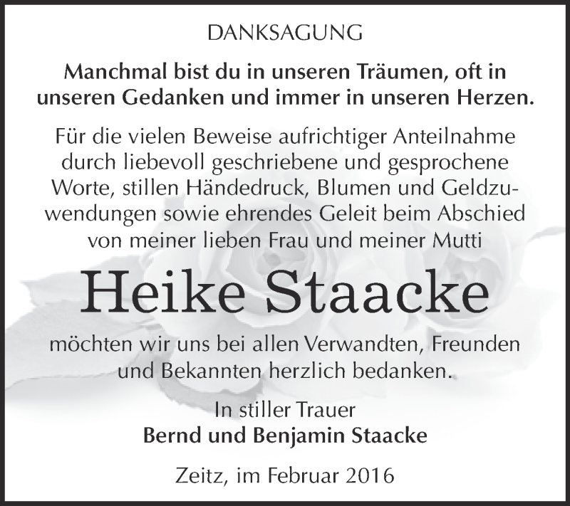  Traueranzeige für Heike Staacke vom 06.02.2016 aus Super Sonntag Zeitz