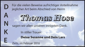 Traueranzeige von Thomas Hose von Super Sonntag Zeitz