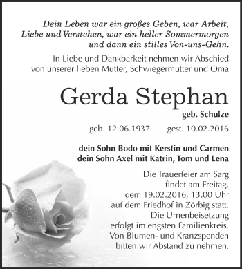 Traueranzeige von Gerda Stephan von WVG - Wochenspiegel Bitterfeld