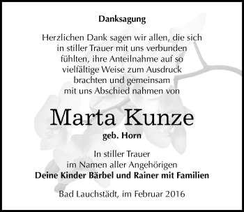 Traueranzeige von Marta Kunze von Mitteldeutsche Zeitung Merseburg/Querfurt