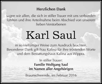 Traueranzeige von Karl Saul von Super Sonntag SGH Mansf. Land