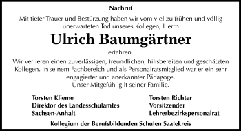 Traueranzeige von Ulrich Baumgärtner von Mitteldeutsche Zeitung Halle/Saalkreis