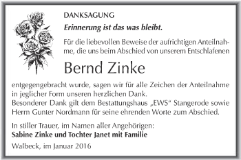 Traueranzeige von Bernd Zinke von Wochenspiegel Mansfelder Land